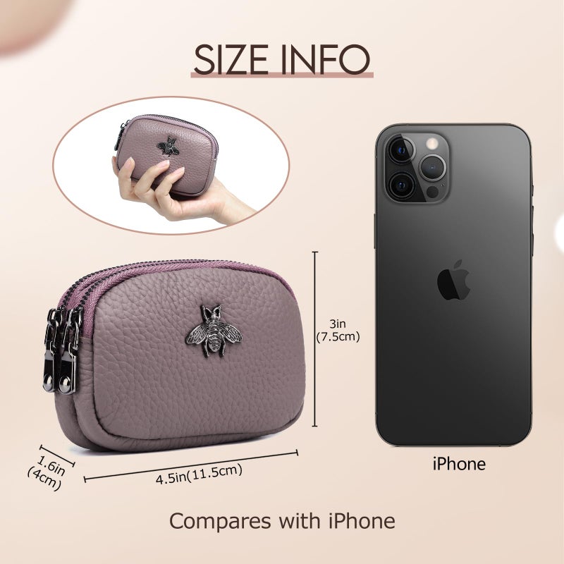 imeetu Women Leather Coin Purse, Small 2 Zippered Change Pouch Wallet(Dark Pink) - Image 3